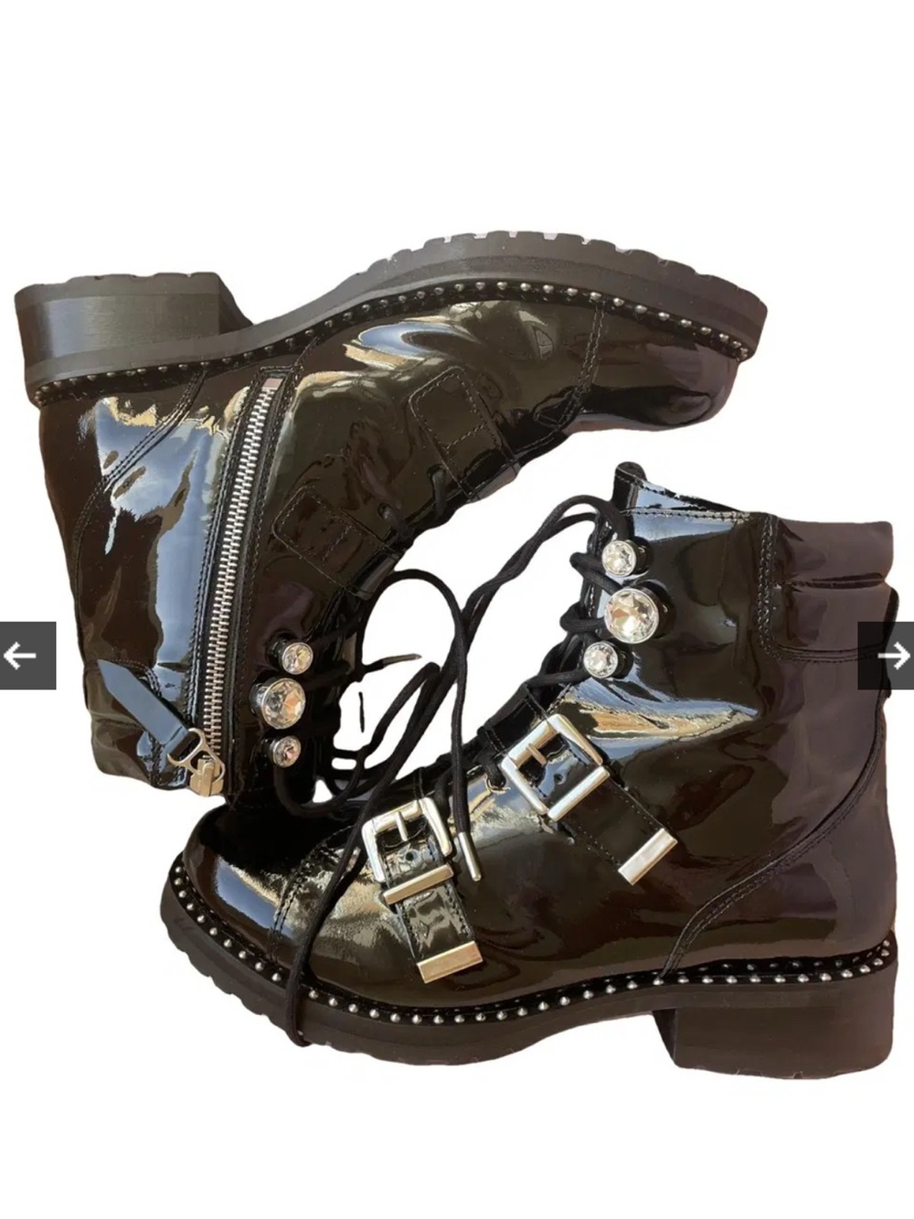 Sophia Webster Black Patent Lace-Up Combat Boots with Buckles and Rhinestones
